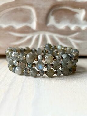 Labradorite Beaded Wrap Bracelet - Gray with Brass Accents - natural labradorite